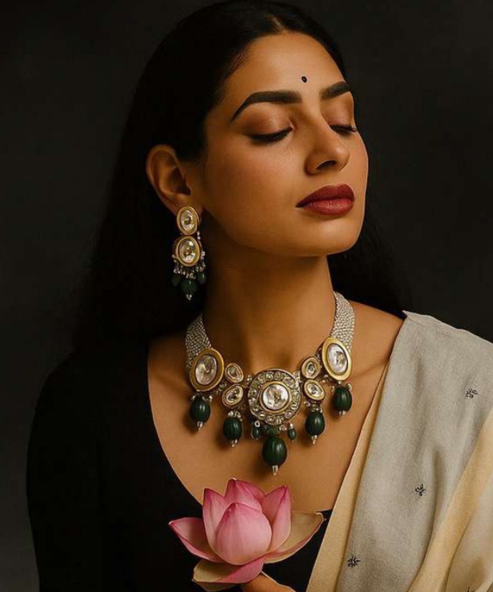 Noor Emerald Kundan Pearl Choker Set - Image 2